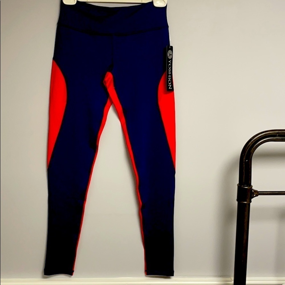Yoshion athletic workout pants, red front,  navy back Hidden pocket W S, NWT